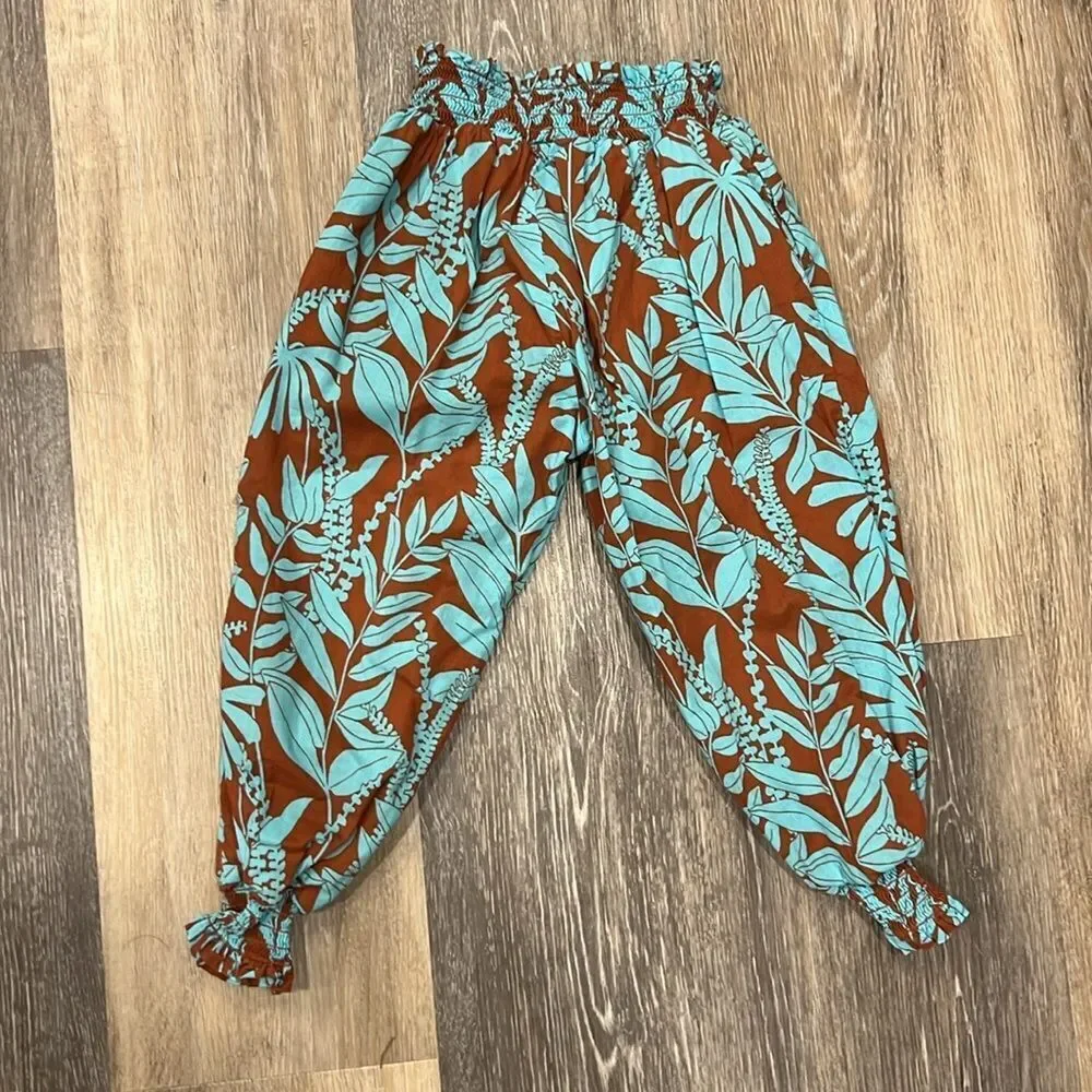 Janie & Jack teal and brown elastic waist pull on pants size 4